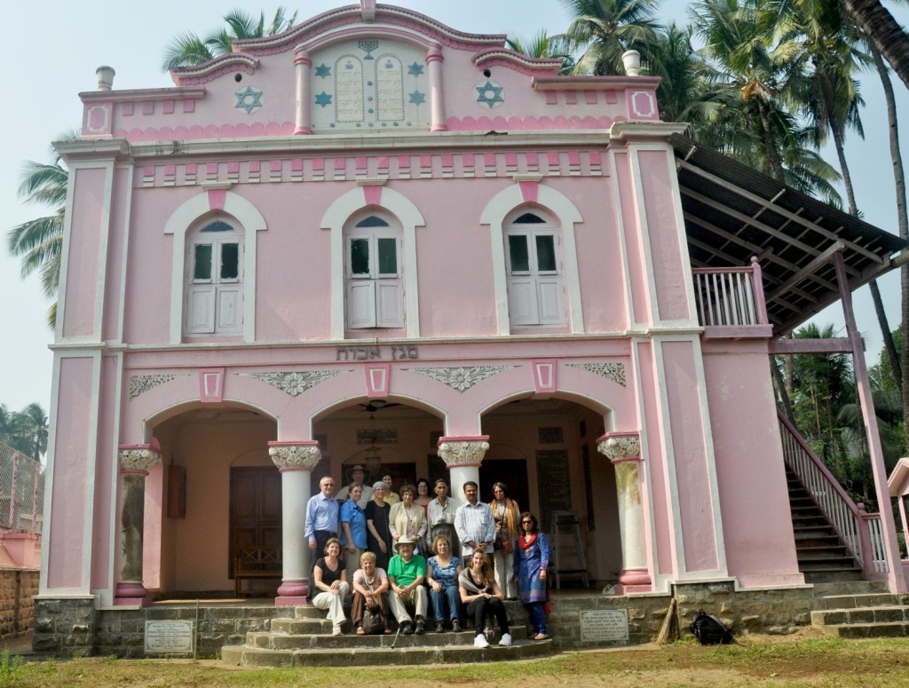 Travelers at Magen Aboth Synagogue in Alibag on the Konkan Coast following the path of Jews shipwrecked there more than 2,000 years ago. The synagogue is two hours from Mumbai by private boat and bus on Burkat Global's "3000 Years of Jewish India" tour starting in Mumbai, January 26, 2015 © Burkat Global, LLC